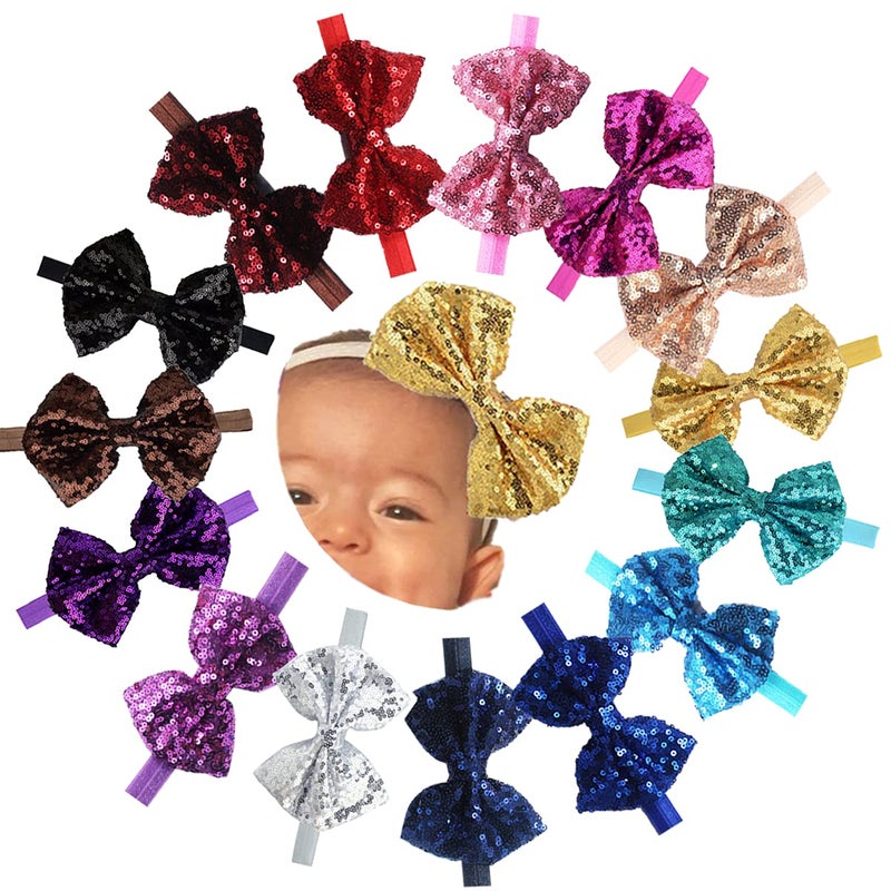 CellElection 15Pcs Baby Girls Headbands 4'' Big Boutique Bling Sparkly Glitter Sequin Hair Bows Headband Elastic Hair Bands Hair Accessories for Toddlers Infants Newborns - Image 1